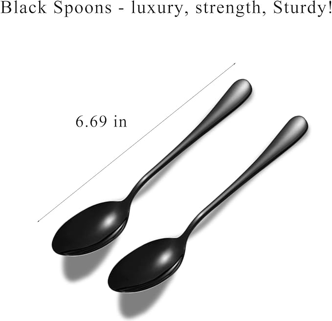 Black Spoons,Set of 16 Top Food Grade Stainless Steel Spoons Silverware, 6.7 Inches, Mirror Finish & Dishwasher Safe, New Apartment Essentials Flatware