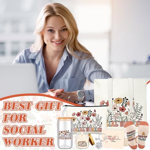 Funnymoom 6 Pcs Social Worker Gifts for Women School Social Worker Must Haves Appreciation Gifts for Housekeeping Volunteer with 17 Oz Glass Cup Canvas Tote Bag Key Chain - Image 4