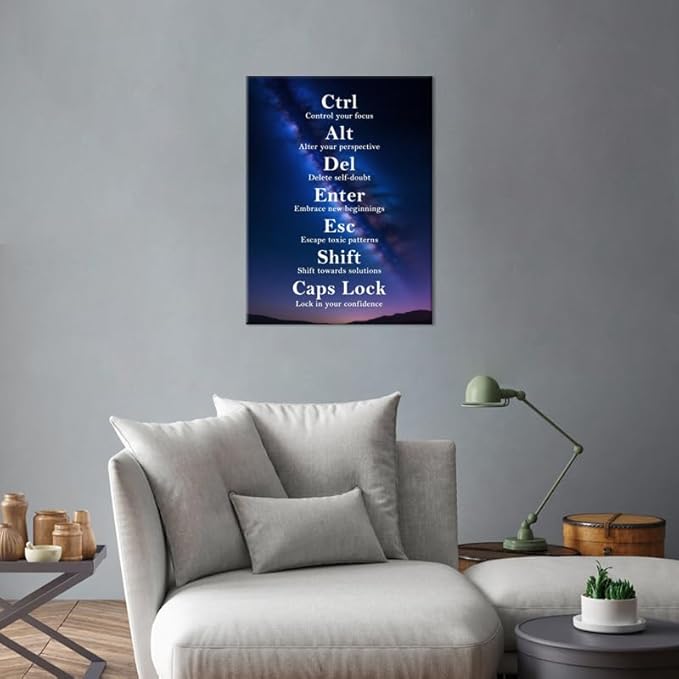 Confidence Inspirational Canvas Wall Art Ctrl Alt Del Signs Quote Motivational Poster Keyboard Inspiring Painting Prints Wall Pictures for Living Room Office Home Decor Framed Artwork [18''W x 24''H]