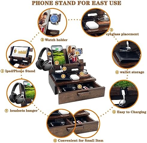 VEIYAILU Gifts for Men Women Husband Son Boyfriend Him Nightstand Organizer Wood Phone Docking Station Birthday Gifts (Walnut) - Image 5