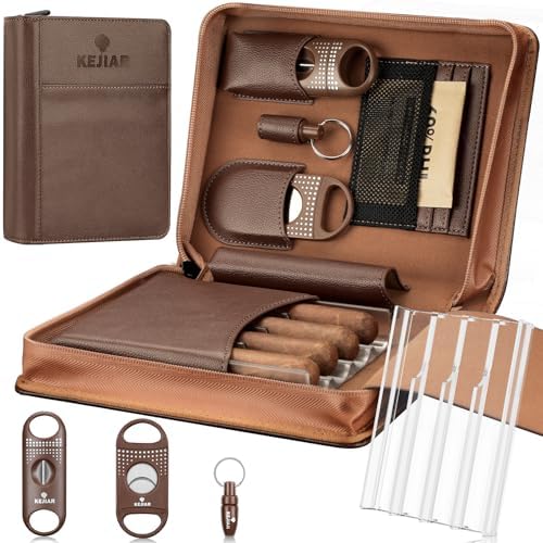 KEJIAR Cigar Humidor Case, Portable Cigar Box with Straight Cutter, V Cutter, Hole Puncher, Humidifier Packs, Travel Humidor and Cigar Accessories Gift Set Leather Cigar Case (Brown) by Kejiar