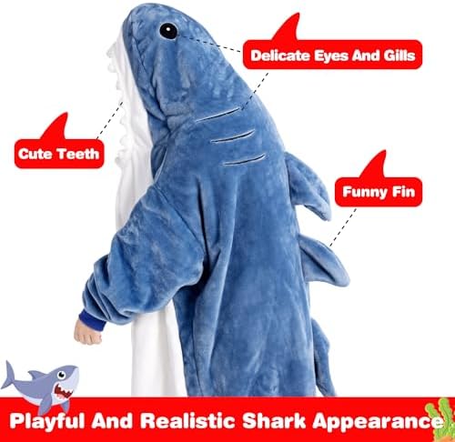 Waitu Shark Blanket Hoodie Funny Birthday Gifts for Women Mom Men Boys Girls, Zipper Wearable Shark Hooded Blanket Cute Shark Costume Cozy Flannel Shark Sleeping Bag for Shark Gifts (Adult, Blue) - Image 6