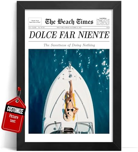 Custom Trendy Newspaper Dolce Far Niente with Photo Framed Wall Art, The Beach Times Canvas Art, Magazine Summer Vibes Headline Poster Print, Decor for Bedroom Living Room, Gifts For Yourself by VICILO