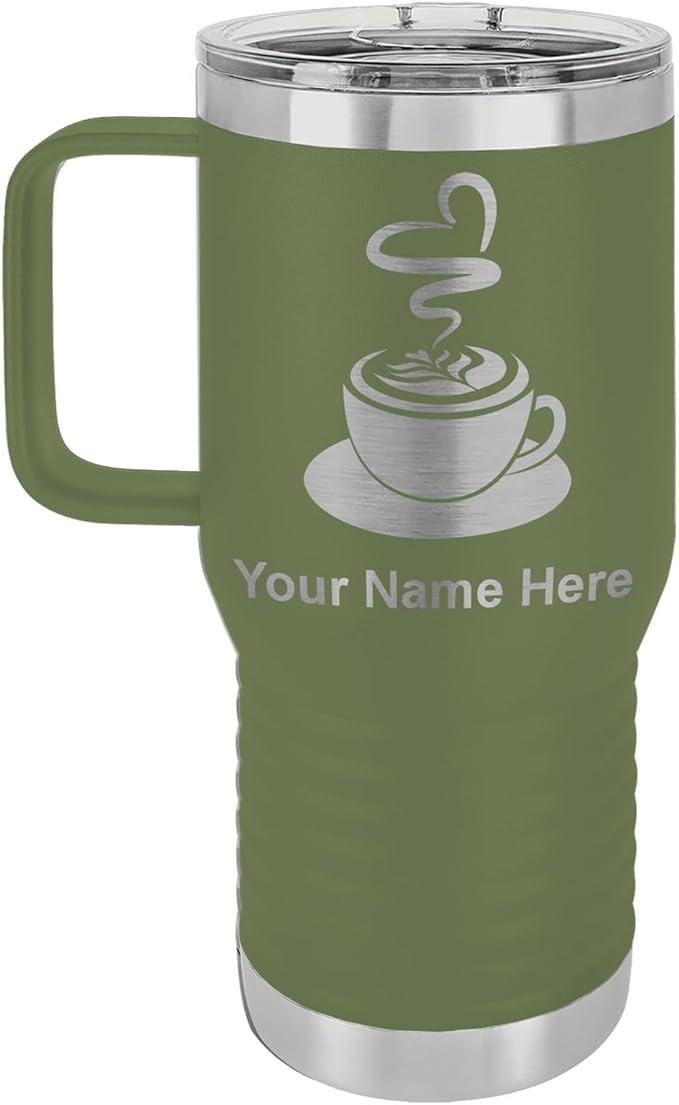 LaserGram 20oz Vacuum Insulated Travel Mug with Handle, Cup of Coffee, Personalized Engraving Included (Camo Green)