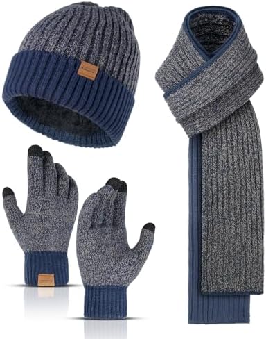 Winter Beanie Hats Long Neck Scarf for Men and Touchscreen Gloves 3PCS Set by HONNESSERRY