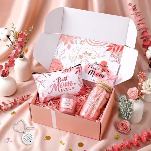 Bokon 6 Pcs Birthday Gifts for Mom Best Mom Ever Gifts Box Set with 16oz Glass Cup Scented Candle Makeup Bag from Daughter Son for Wife Mother Day Party(Pink) - Image 5