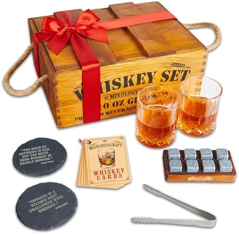 Mixology & Craft Premium Whiskey Set | Two 10oz Cystal Old-Fashioned Glasses, 8 Granite Chilling Stones, Metal Tongs, Recipe Cards in Rustic Wooden Crate Gift Set | Jameson Whiskey by MixologyCraft
