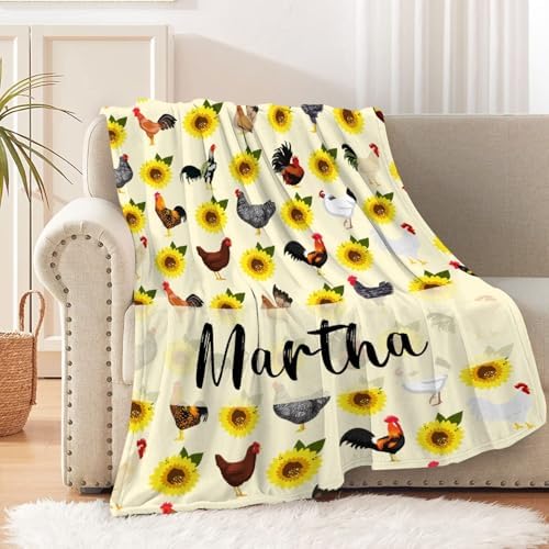 Chickens Personalized Name Blanket Gift for Boy Girl Teens, Chickens Sunflowers Custom Name Throw Blanket for Hen Chicken and Rooster Lovers Soft Lightweight 50"x60" for Teens Bed and Living Room by Gopaka
