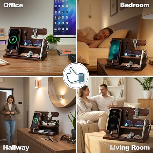 TESLYAR Wood Phone Docking Station for Men - Desk or Nightstand Organizer - Birthday Gifts for Husband, Dad - Anniversary Idea from Wife - Key Holder, Stand Wallet, Watch, Essentials (Chocolate Brown) - Image 6