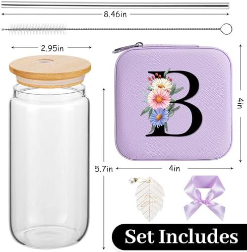 AYGXU Travel Must-Have Gifts,travel jewelry case organizer,small jewelry travel case,Cute Tumbler Cup,16oz bamboo lids for glass cups,teacher appreciation gifts for women,Initial B purple - Image 2