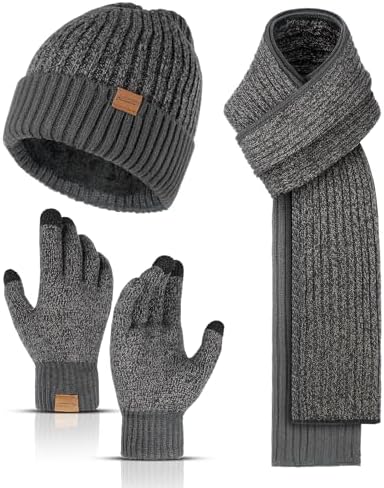 Winter Beanie Hats Long Neck Scarf for Men and Touchscreen Gloves 3PCS Set by HONNESSERRY