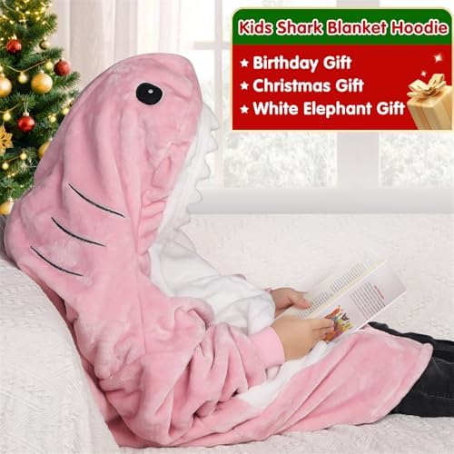Waitu Shark Blanket Hoodie Funny Birthday Gifts for Women Men Boys Girls, Zipper Wearable Shark Hooded Blanket Cute Shark Costume Cozy Flannel Shark Wearable Blanket for Shark Lovers(Kids,Bright Pink) - Image 3
