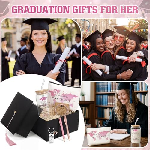 Vesici 8 Pcs Class of 2026 Graduation Gift Box Set for Women Her Grad Cap Box Glass Cup Makeup Bag Bracelet Pen Keychain College High School Graduation Gift for Daughter Sister Friend(Pink) - Image 4