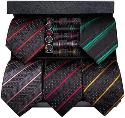 Hi-Tie Lot 5 Pcs Gift Box Mens Tie Set Necktie with Pocket Square Cufflinks Silk Neck Tie Collection by Hi-Tie