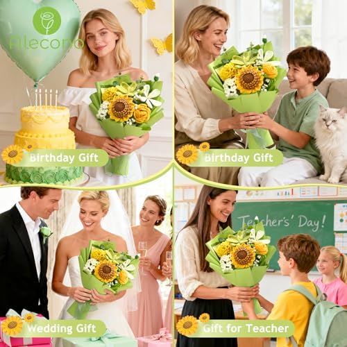 Alecono Green Crochet Flower Bouquet Handmade Sunflower Floral - Image 5