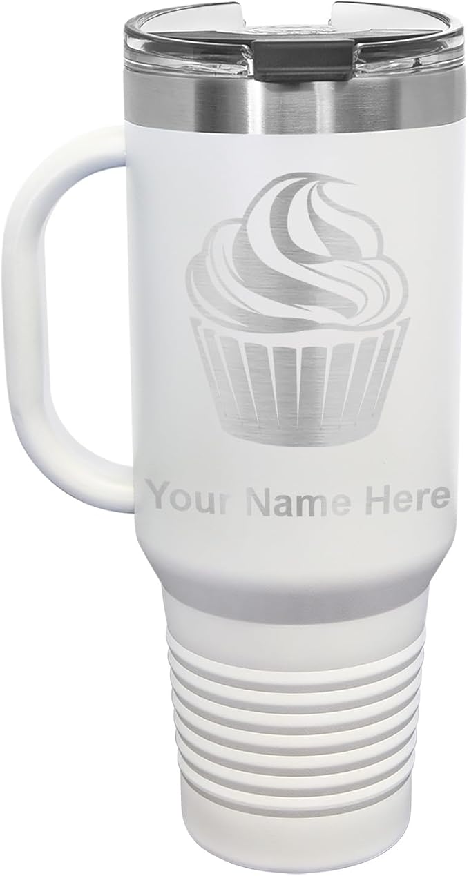 LaserGram 40oz Vacuum Insulated Travel Mug with Handle, Cup Cake, Personalized Engraving Included (White)