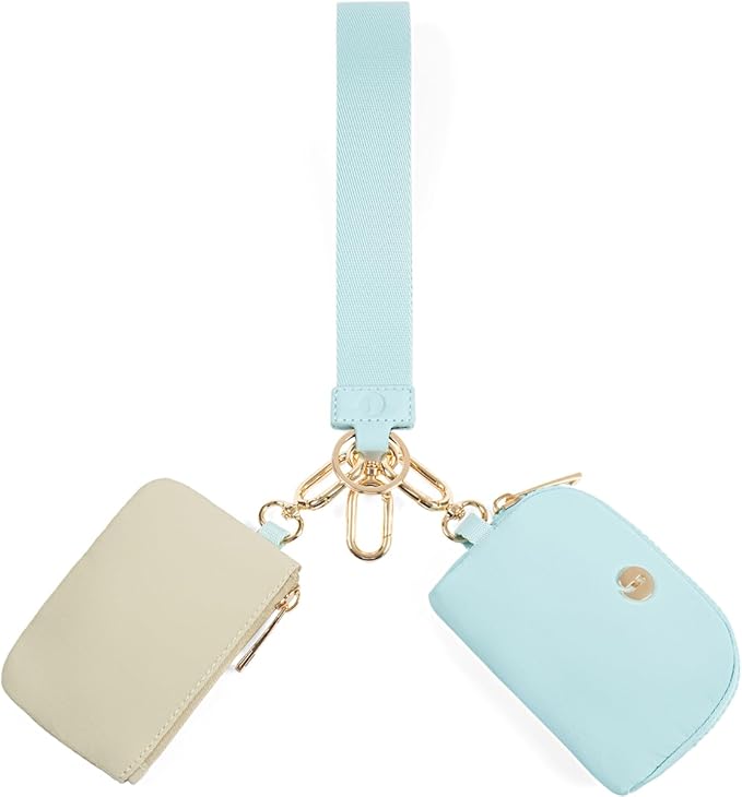 Dual Pouch Wristlet Keychain Wallets for Women with 2 Detachable Zipper Coin Purse - Small and Portable Mini Card Wallet for Women Men Gold Hardware Ice Blue+Khaki