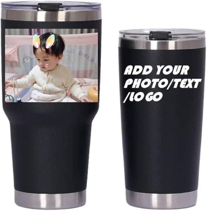 Personalized Photo 20oz 30oz Stainless Steel Tumbler,Custom Coffee Tumbler Cup With Lid And Strawstraw Vacuum Insulated With Text Photo Logo (Black(20oz/30oz))
