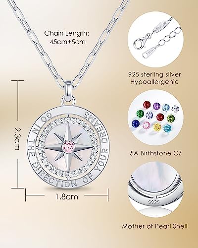 Compass Birthstone Pendant Necklace for Women, S925 Sterling Silver Jewelry - Image 4