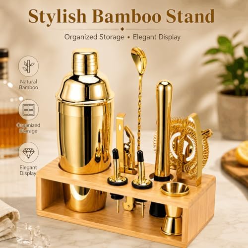 Gold Cocktail Shaker Set, Premium 18/8 Stainless Steel Mixology Bartender Kit with Stylish Bamboo Stand 10-Piece Bar Tools & Accessories for Home Bar for Men, Dad, Husband - Image 5
