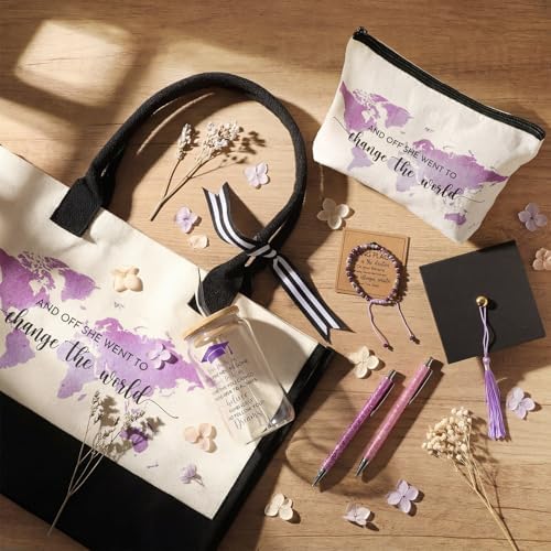 Vesici 8 Pcs Graduation Gifts Set for Women Her 2026 with Tote Bag Makeup Bag Bracelet Box Glass Cup Pens Class of 2026 Congratulations Graduate Gift Basket for College Senior Nurse(Purple) - Image 5