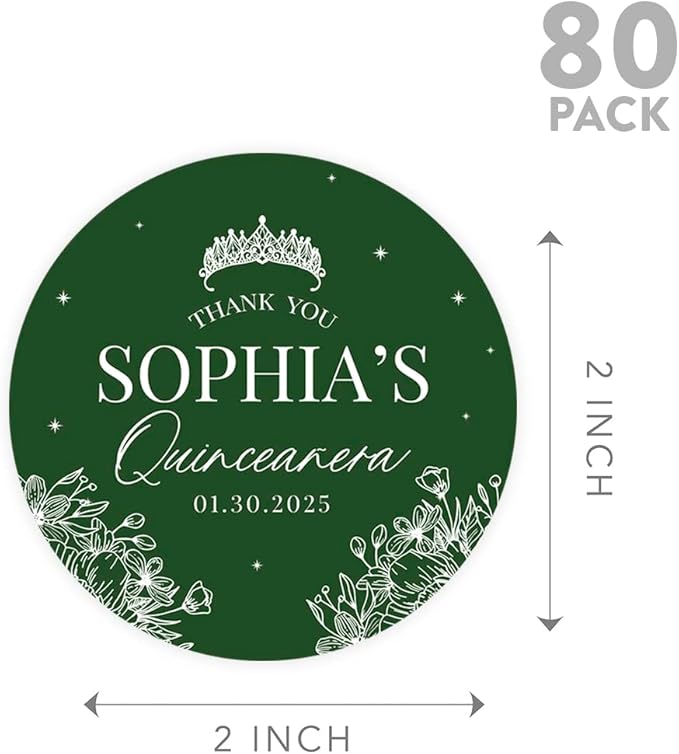 Andaz Press 40-Pack Personalized 2" Round Circle Quinceañera Labels, Crown Floral Line Custom Thank You Sticker Labels for Quince Favors, Invitations, 15th Birthday Quinceanera Decorations