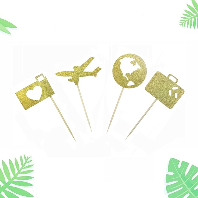 Morndew 24 PCS Airplane Heart Traveling Case Earth Cupcake Toppers for World Travel Themed Party Baby Shower Birthday Party Wedding Party Decorations