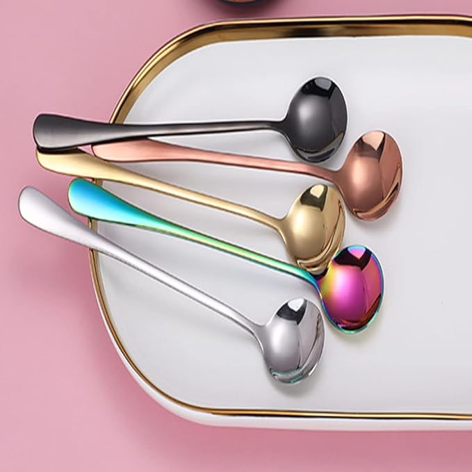 Rose Gold Stainless Steel Serving Spoons - Mirror Finish Set of 5 for Soup, Rice, Tea, Milk, Coffee & Dessert