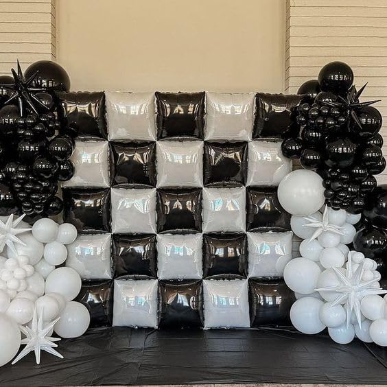 Black and White Square Foil Balloon Wall, 25 PCS Double Sided Checkered Balloons Flat Square Balloon Backdrop for Checkerboard Racing Themed Birthday Party Background Decoration