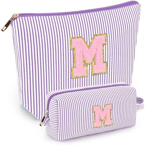 mibasies 2 PCS Initial Makeup Bags for Women: - Birthday Gifts for Teen Girls 11 12 13 14 15 16 Years Old - Preppy Trendy Stuff - Cosmetic Bag for Travel Toiletry - Purple M by mibasies