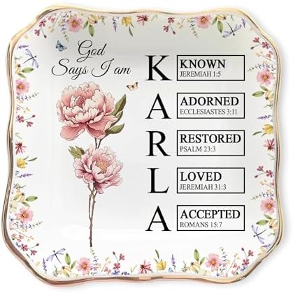 Personalized Floral God Says I Am Name Letter In Bible Verse Jewelry Dish - Custom Birth Flower Jewelry Dish - Christian Gift - Religious Affirmations Gifts by ZISOL26HZ
