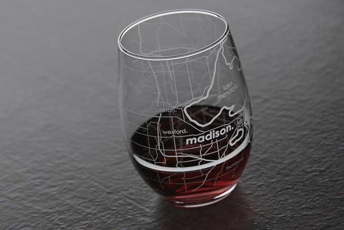 Well Told Engraved Madison Wisconsin Map Stemless Wine Glass, Etched Glass (15 oz, Clear) City Custom Gifts for Lovers