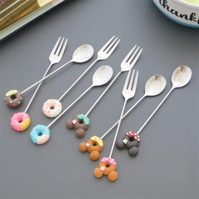 8 Pcs Stainless Steel Drink Fork Set Donut Silver Forks Cutlery Set for Cake,Ice Cream,appetizers,Salad,Dessert.Donut Shape Fruits Forks