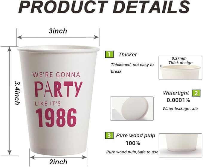 SharkBliss 1986 40th Birthday Party Cups 9oz Pink 20 Pack for Him Her – Party Like It's 1986