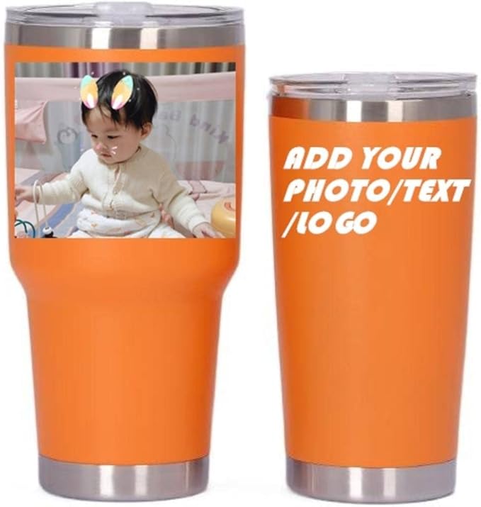 Personalized Photo 20oz 30oz Stainless Steel Tumbler,Custom Coffee Tumbler Cup With Lid And Strawstraw Vacuum Insulated With Text Photo Logo (Orange(20oz/30oz))