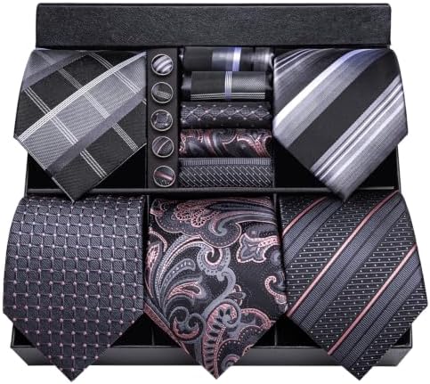 Hi-Tie Lot 5 Pcs Gift Box Mens Tie Set Necktie with Pocket Square Cufflinks Silk Neck Tie Collection by Hi-Tie
