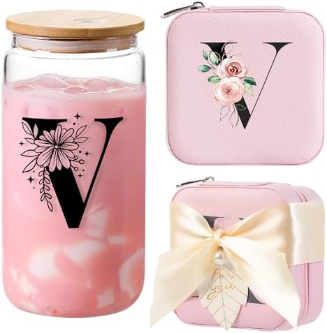 AYGXU Initial glass cups with lids and straws,Small Jewelry Box for Girls,Small Jewelry Organizer Box,Cute Tumbler Cup,Travel Gifts for Women,Travel Essentials, Initial V pink by AYGXU