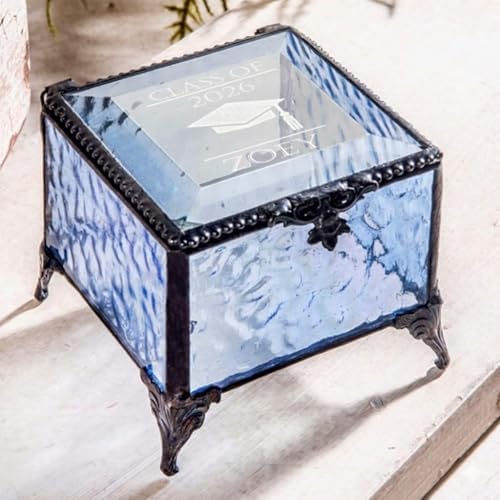 Graduation Keepsake Box Class of 2026 Personalized Name, Blue Glass Jewelry Box, Engraved Memory Box with Graduation Cap, Senior Gift 2026 - Image 4