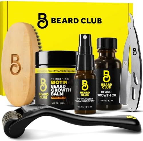 The Beard Club Beard Growth Kit for Men - Grooming Set with Growth Oil, Biotin Balm, Derma Roller, Boar Bristle Brush, Cleansing Spray and Straight Razor - 6 pc Gift Set for Facial Hair by TheBeardClub