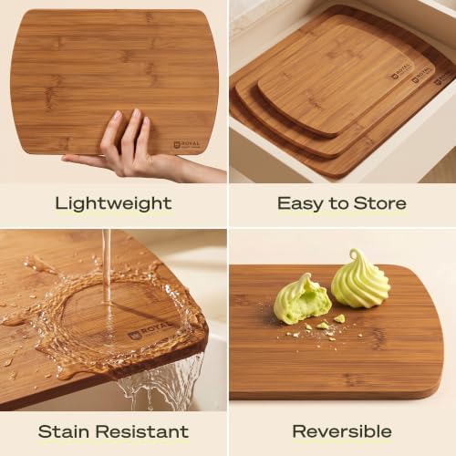 ROYAL CRAFT WOOD Wooden Cutting Boards for Kitchen Meal Prep & Serving - Bamboo Wood Serving Board Set with Deep Juice Groove Side Handles - Charcuterie & Chopping Butcher Block for Meat - Image 4