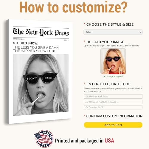 Custom Vintage Black and White Photo Newspaper Wall Art Trendy – New York Vibes Poster Funky I Don't Care Cool Girls Unframed or Framed Canvas, Bar Cart or Any Room Decor, Newspaper-Inspired Layout - Image 2
