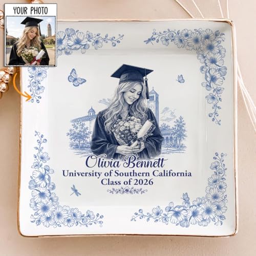 Wrappiness Personalized Graduation Trinket Tray for Girl Women - Custom Photo Toile de Jouy Custom College High School Ring Dish Grad for Daughter, Class of 2026 Graduation Gift for Her Jewelry Dish - Image 2