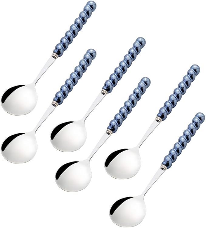 (6 Pieces) 7.48 Inch Exquisite Ceramic Spoon Household Stainless Steel Eating and Drinking Soup Spoon Coffee Spoon Tea Spoon (Blue)