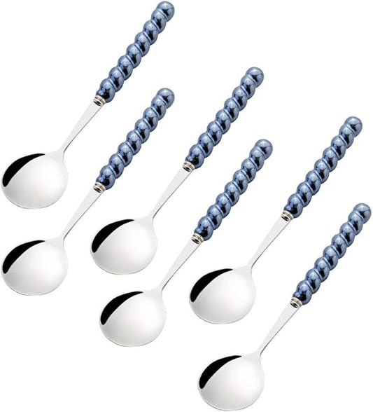 (6 Pieces) 7.48 Inch Exquisite Ceramic Spoon Household Stainless Steel Eating and Drinking Soup Spoon Coffee Spoon Tea Spoon (Blue)