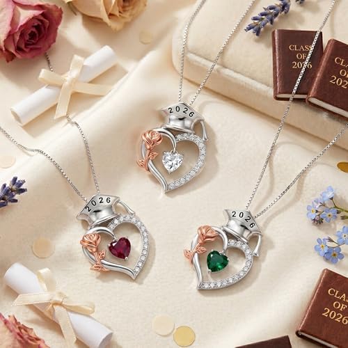SLOONG College Graduation Gifts for Her, S925 Sterling Silver Heart Birthstone Graduation Cap Rose Necklace, Class of 2026 High School College Graduation Gifts for Her - Image 5
