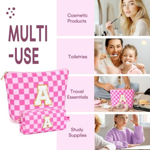 mibasies 2 PCS Initial Makeup Bags for Women: Cosmetic Bag for Travel Toiletry - Birthday Gifts for Teen Girl Gifts Trendy Stuff - Graduation Teacher Gift for Girlfriend -Checkered Rose Red A - Image 4