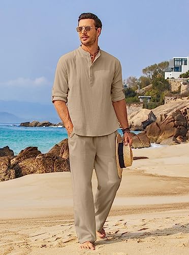COOFANDY Men’s 2 Piece Cotton Linen Set Casual Beach Outfits Long Sleeve - Image 6
