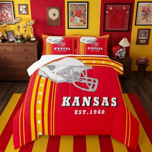 Erosebridal Football Bedding Sets Rugby Sports Game Full Comforter, Gridiron Helmet Comforter Set 3 Pieces Teen Boys Sports Bedroom Decor, Yellow Red by Erosebridal