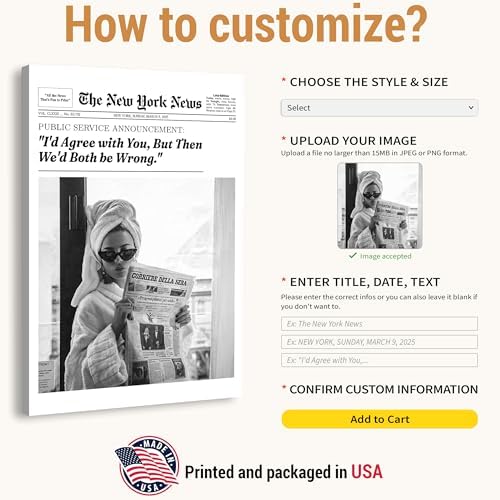 Custom Trendy Newspaper Framed Wall Art With Headline and Photo, Modern Cool Girl Canvas, Magazine Cover Style Poster Print, College Dorm Decor for Bedroom Living Room, Gifts For Friend & Yourself - Image 2