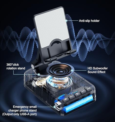 Gifts for Men Women, Phone Stand with Bluetooth Speaker and Charging Function 360° Rotable Angle Adjustable Cell Phone Holder with HD Stereo Sound Fits All Phones,Tablet (Black) - Image 3